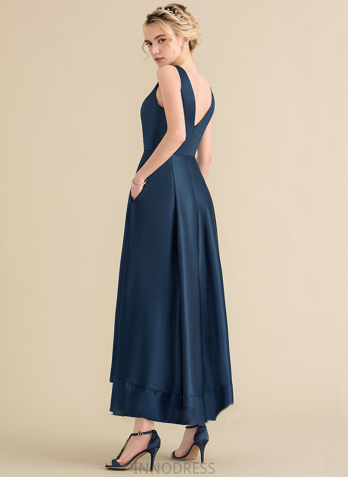 With Pockets Ball-Gown/Princess V-neck Satin Prom Dresses Cecelia Asymmetrical