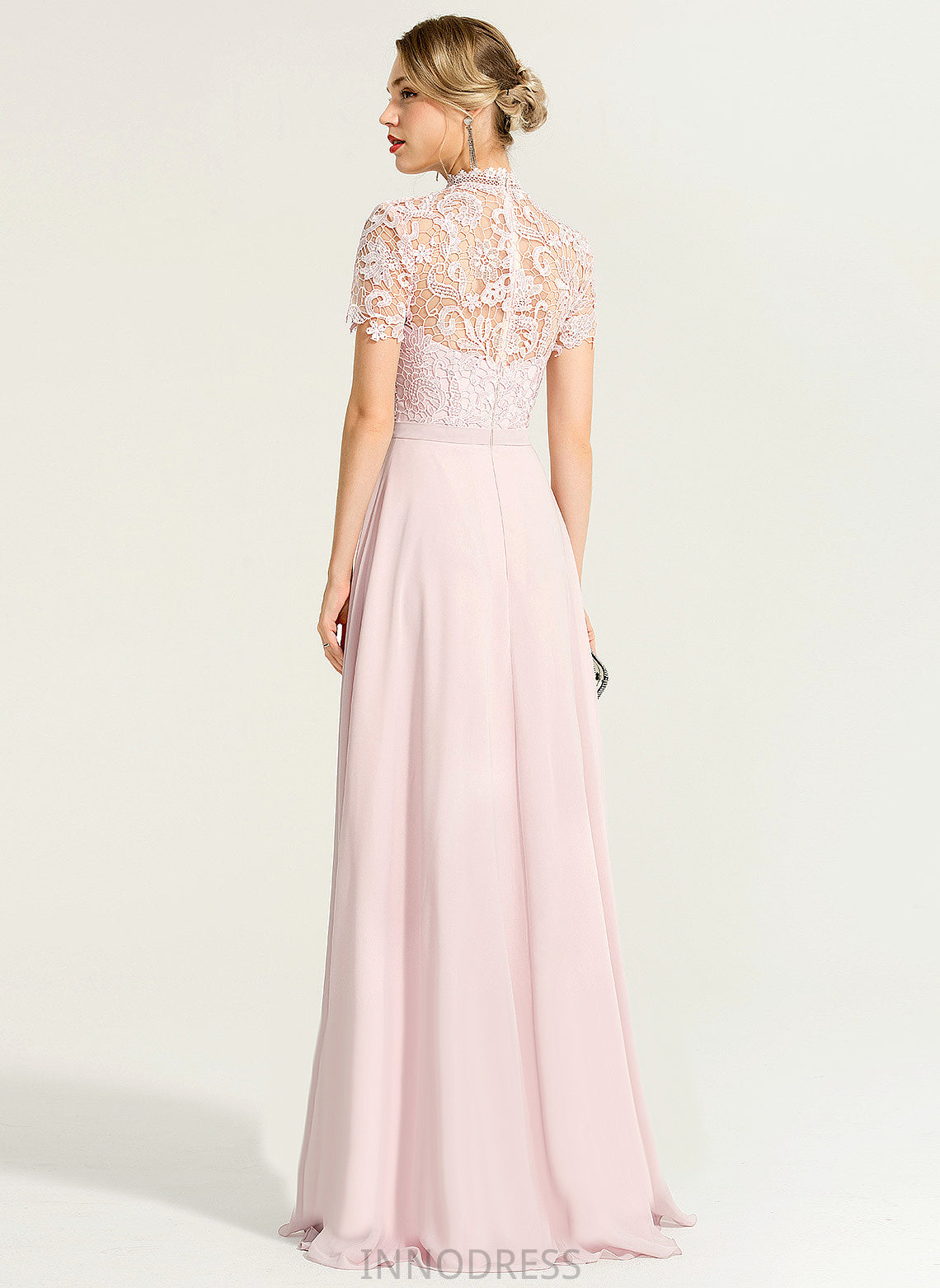 Floor-Length High Illusion A-Line Lace Prom Dresses Karissa Chiffon Neck