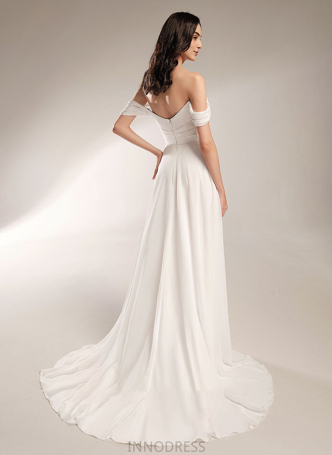 A-Line Wedding Camryn Train Off-the-Shoulder Wedding Dresses Pleated Court Dress With
