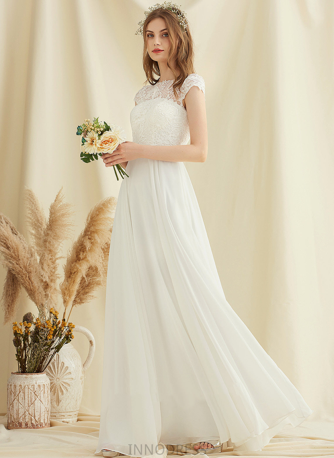 A-Line Wedding Dresses Isabella Wedding Chiffon Floor-Length Lace Dress Scoop