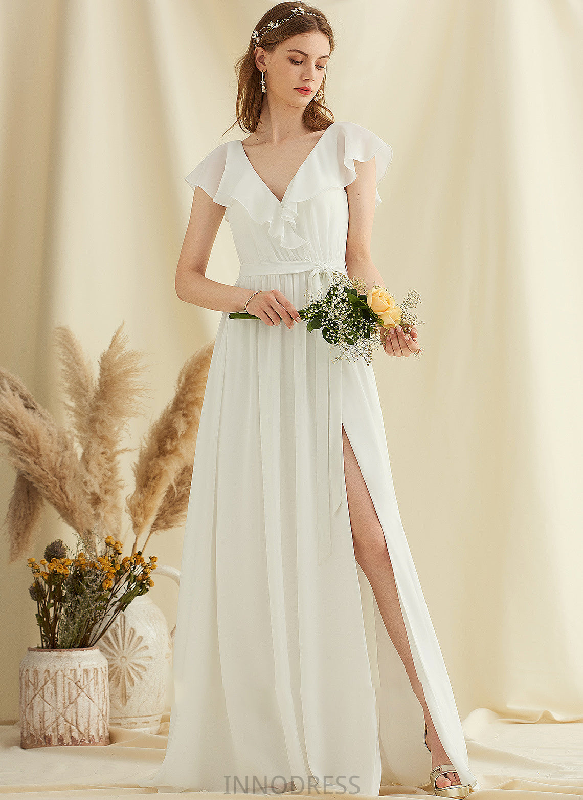 A-Line Chiffon With Wedding Cascading Floor-Length Cassidy Split Wedding Dresses Front V-neck Ruffles Dress