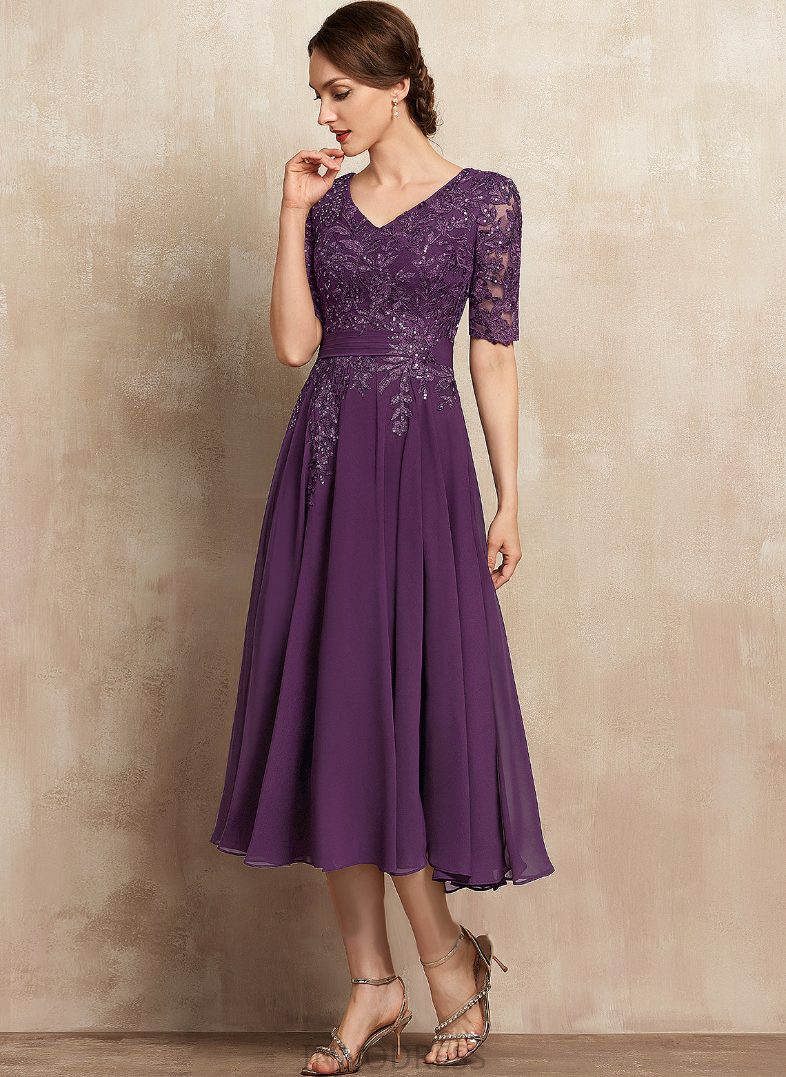 Audrina Mother of Chiffon the Lace Sequins V-neck With Dress Bride A-Line Tea-Length Mother of the Bride Dresses