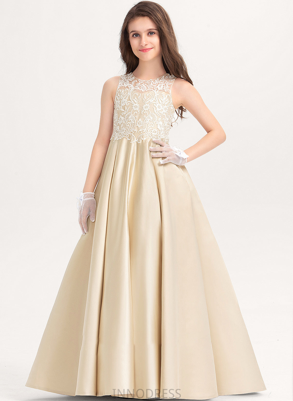 Scoop Satin Ball-Gown/Princess Lace Floor-Length Junior Bridesmaid Dresses Anabel Neck