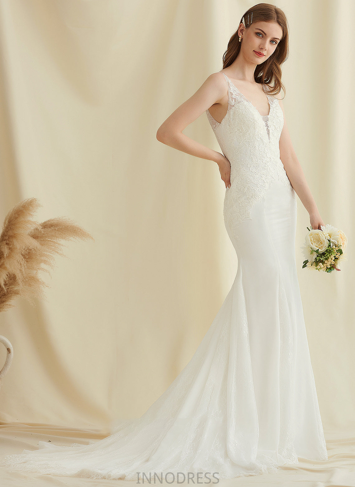 Wedding Train Lace Trumpet/Mermaid Wedding Dresses Chiffon Linda V-neck Dress Court