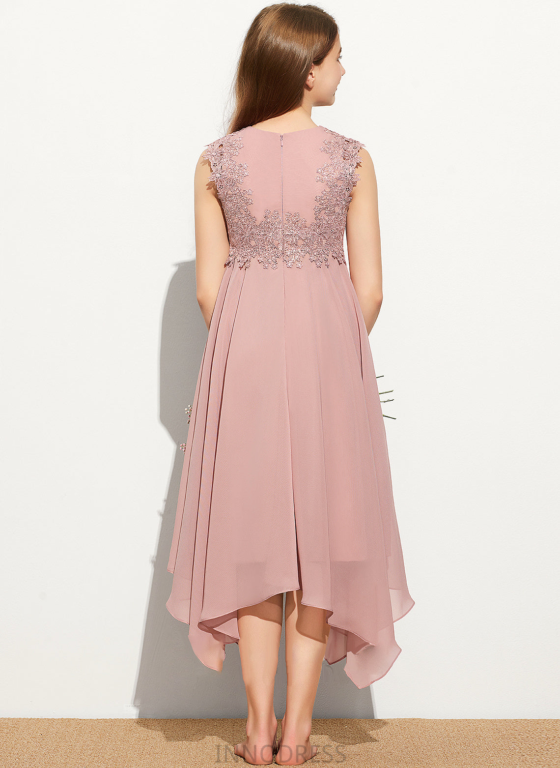 Lia Chiffon Scoop Neck Tea-Length Junior Bridesmaid Dresses Lace A-Line