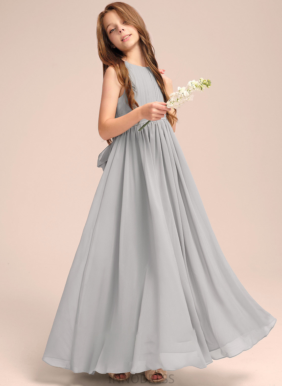 Alexis Junior Bridesmaid Dresses Floor-Length Scoop Bow(s) Chiffon Ruffle With Neck A-Line
