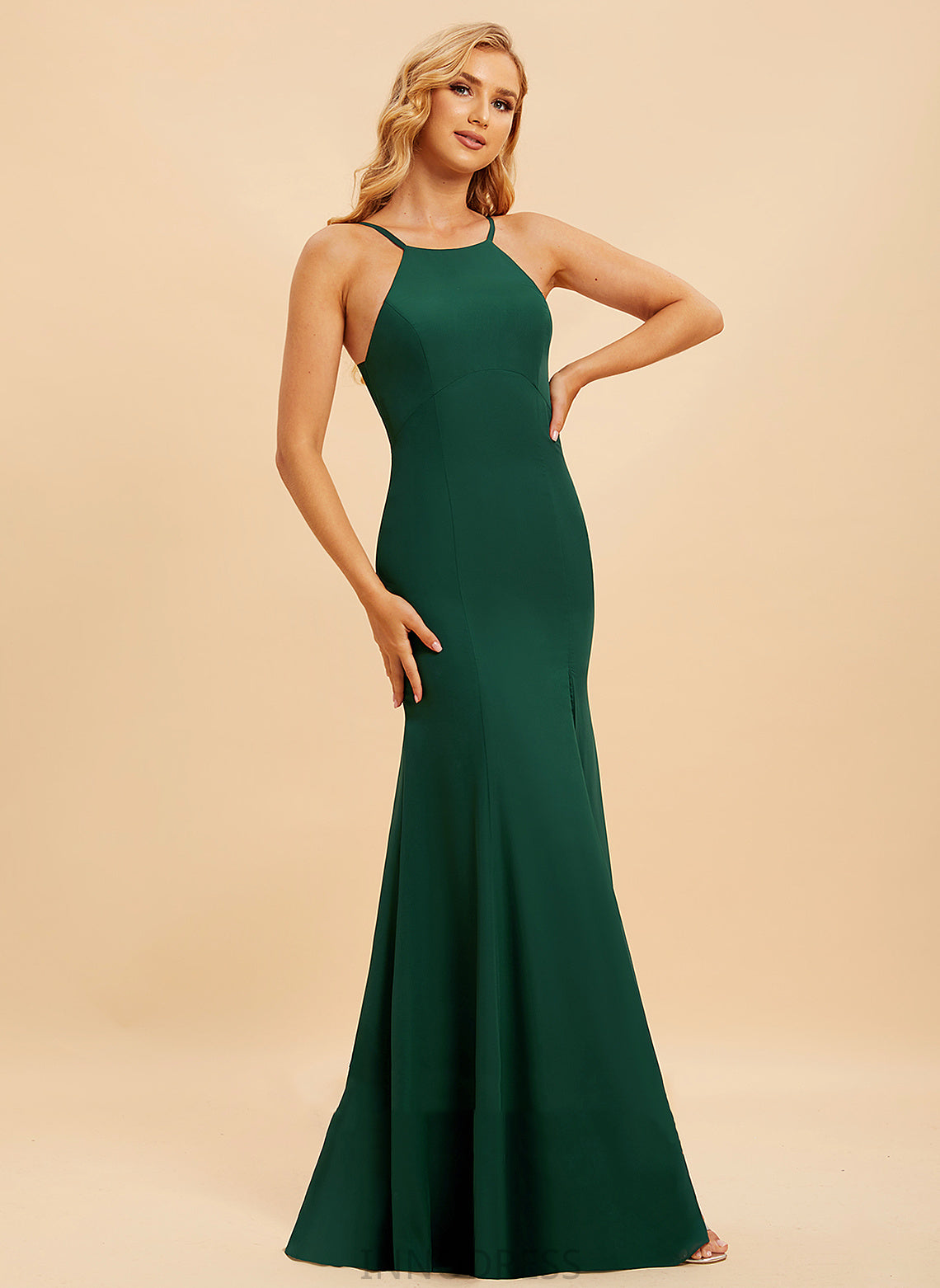 SplitFront Fabric Neckline HighNeck Floor-Length Silhouette Trumpet/Mermaid Embellishment Length Armani Natural Waist Sleeveless Bridesmaid Dresses