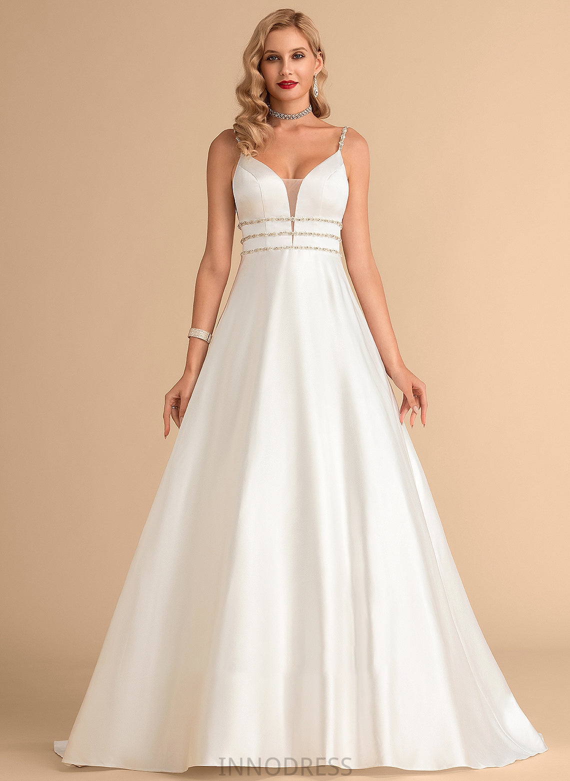 Dress With Wedding Wedding Dresses Satin Janessa Sweep Train V-neck Ball-Gown/Princess Beading