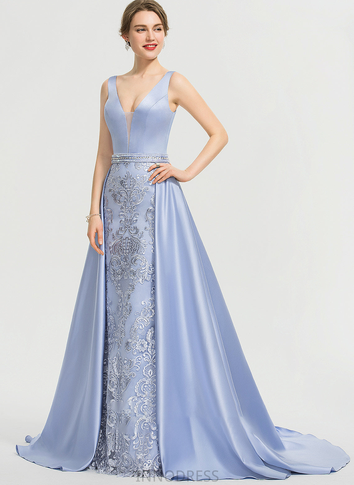 Sweep With Ball-Gown/Princess V-neck Beading Train Sequins Prom Dresses Satin Journey