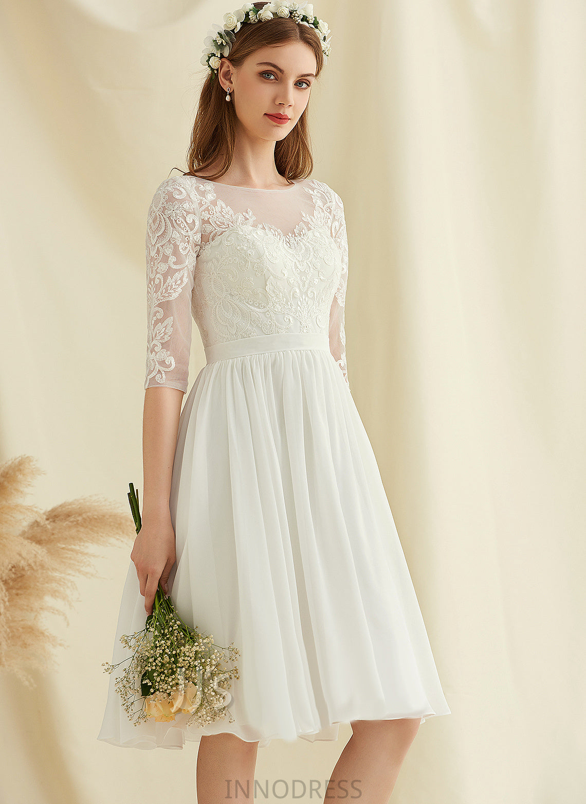 Dress Sequins Scoop Wedding Knee-Length A-Line Chiffon Wedding Dresses Neck Lace Karli With