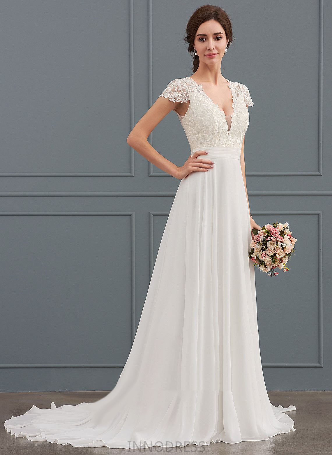 Ruffle Sweep Wedding Cassandra Dress Train V-neck A-Line Wedding Dresses With Lace Chiffon