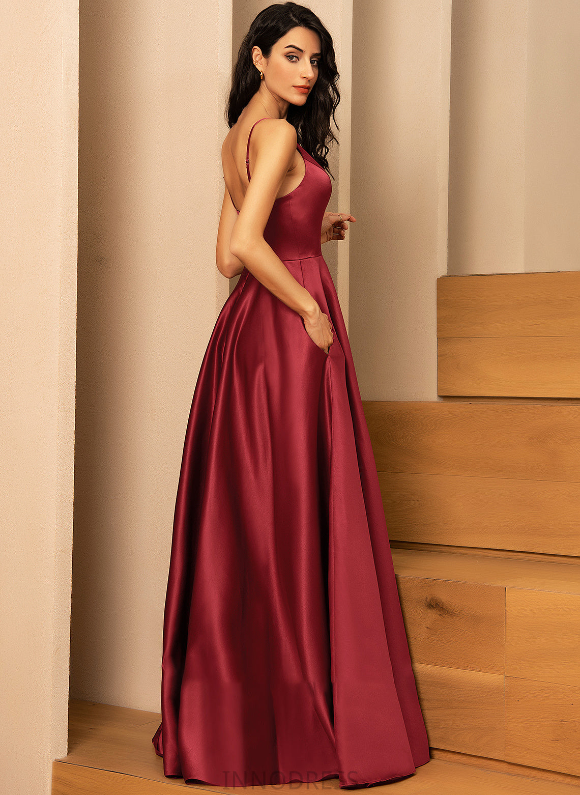 Satin V-neck Pockets Floor-Length Prom Dresses A-Line Ariella With