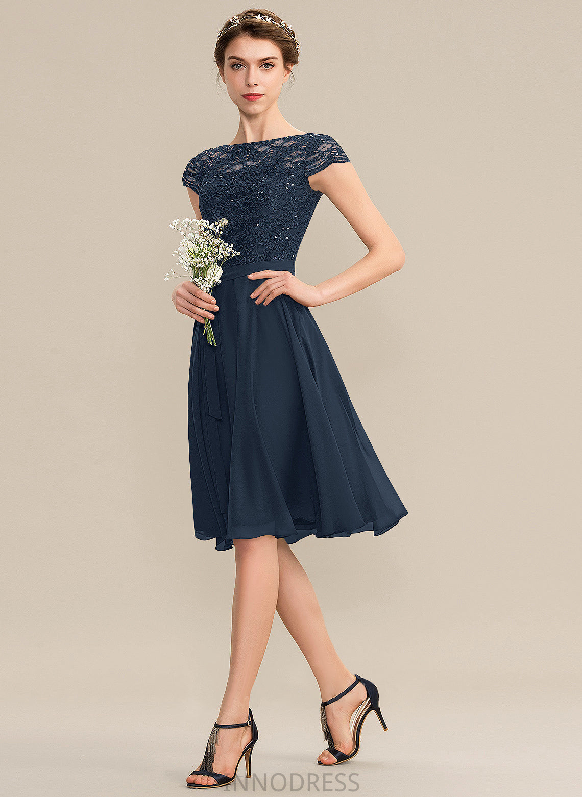 Neckline ScoopNeck Fabric A-Line Length Knee-Length Bow(s) Sequins Embellishment Silhouette Caroline Sleeveless