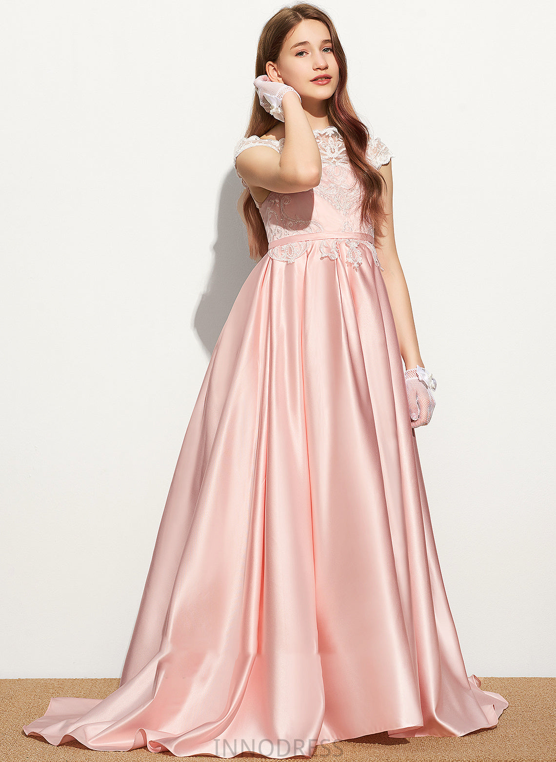 Ball-Gown/Princess Off-the-Shoulder Kamila Satin Lace Sweep Train Junior Bridesmaid Dresses