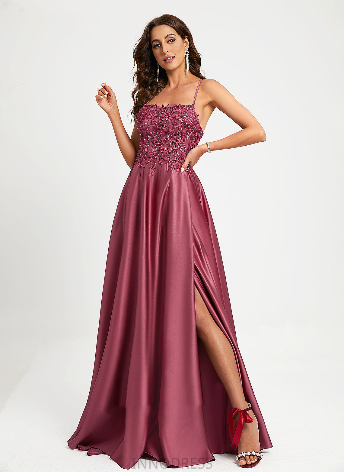 With Square Train A-Line Sweep Sequins Satin Neckline Beading Laney Prom Dresses
