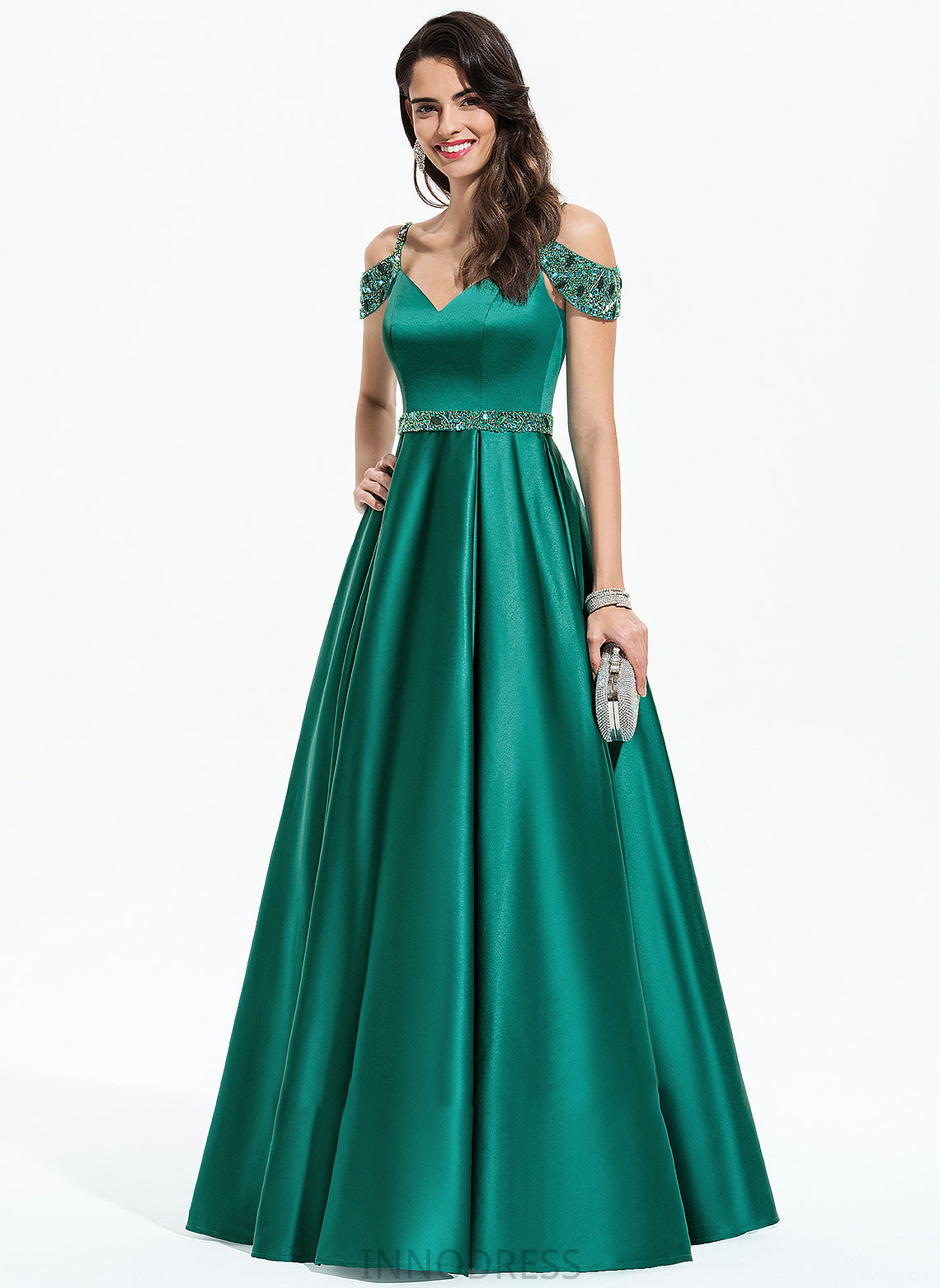 Beading Haven V-neck With Ball-Gown/Princess Prom Dresses Floor-Length Satin Sequins