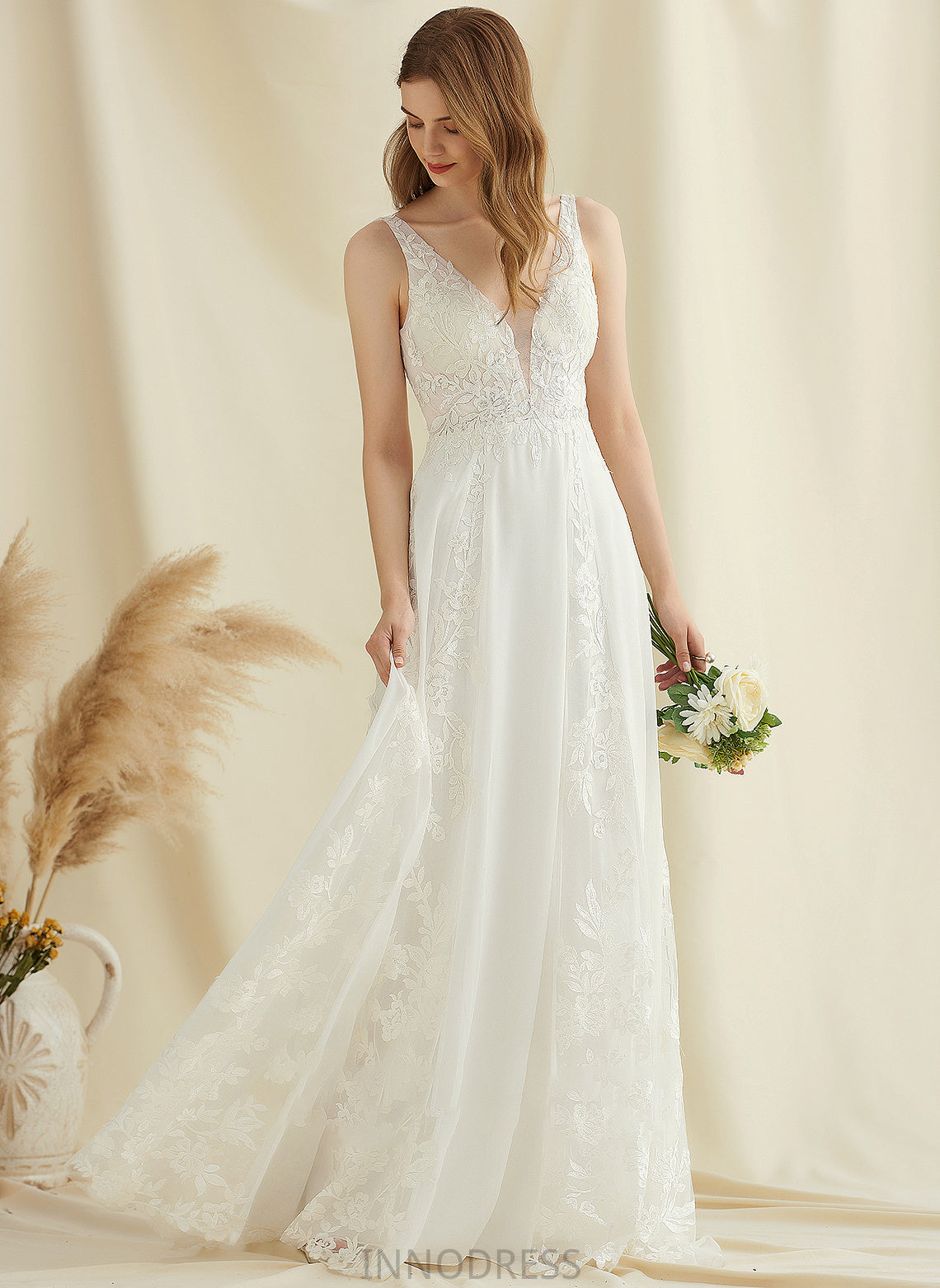 Sequins Dress Wedding Dresses A-Line Chiffon V-neck Train With Sweep Wedding Lace Anastasia