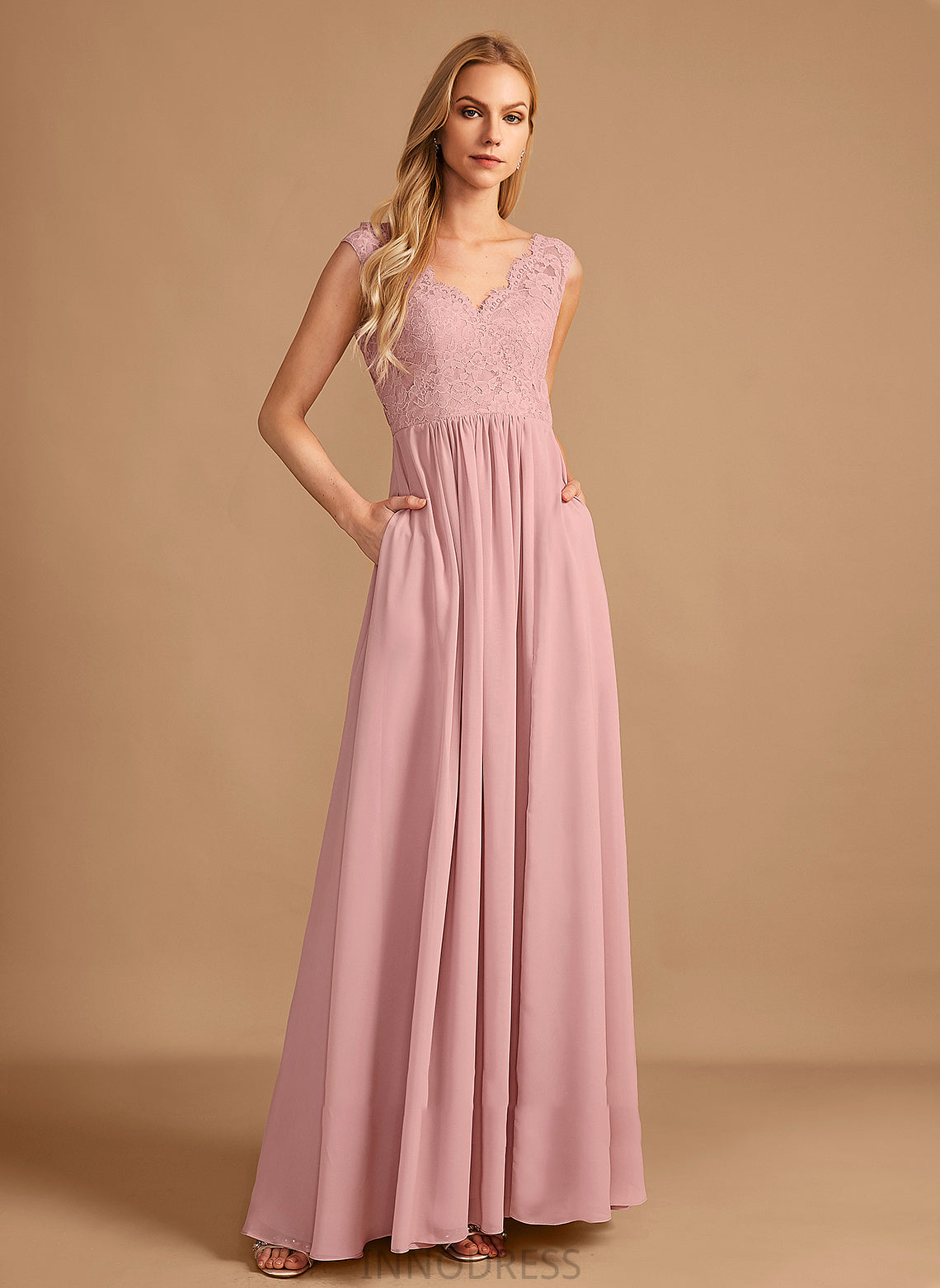A-Line Floor-Length SplitFront Neckline Embellishment Pockets Fabric Length V-neck Silhouette Diana Natural Waist