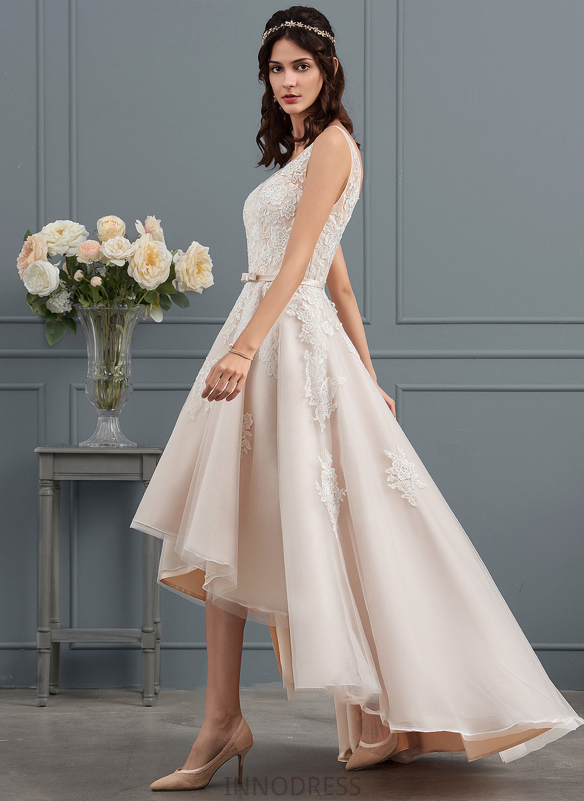V-neck A-Line Dress Wedding Bow(s) Asymmetrical Malia With Lace Wedding Dresses Tulle