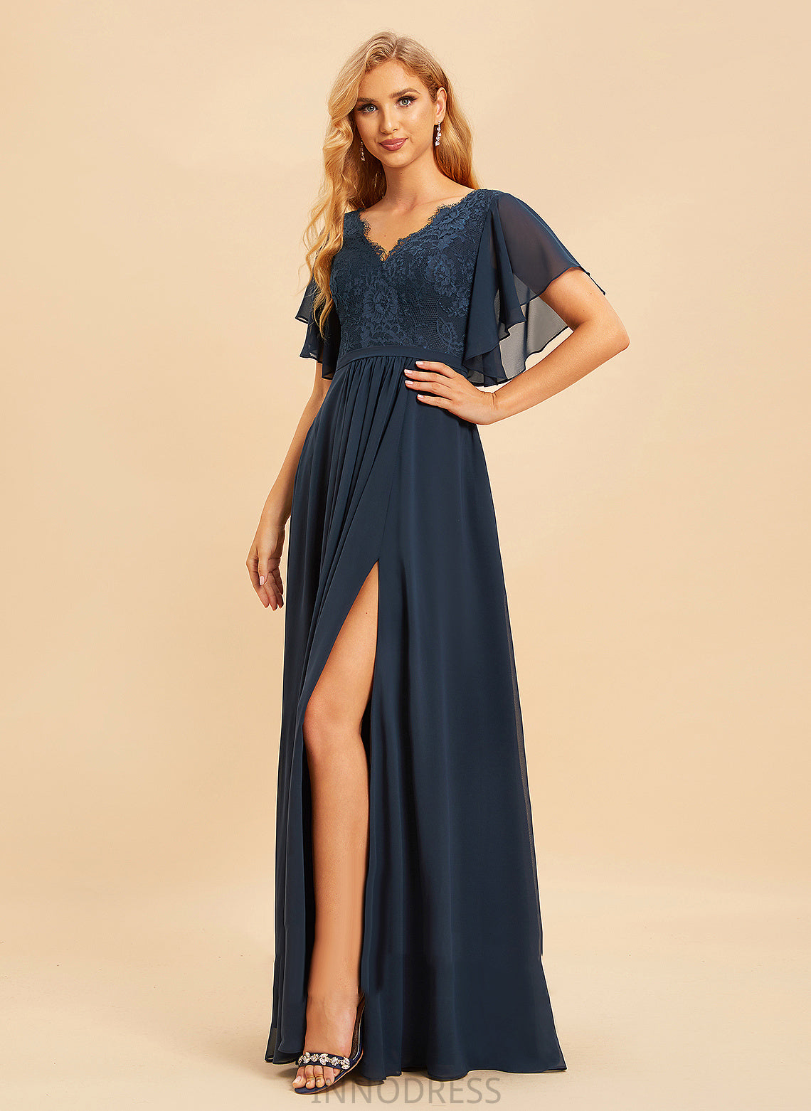 Silhouette Neckline Lace Floor-Length Fabric A-Line V-neck Length Embellishment SplitFront Courtney Natural Waist Bridesmaid Dresses