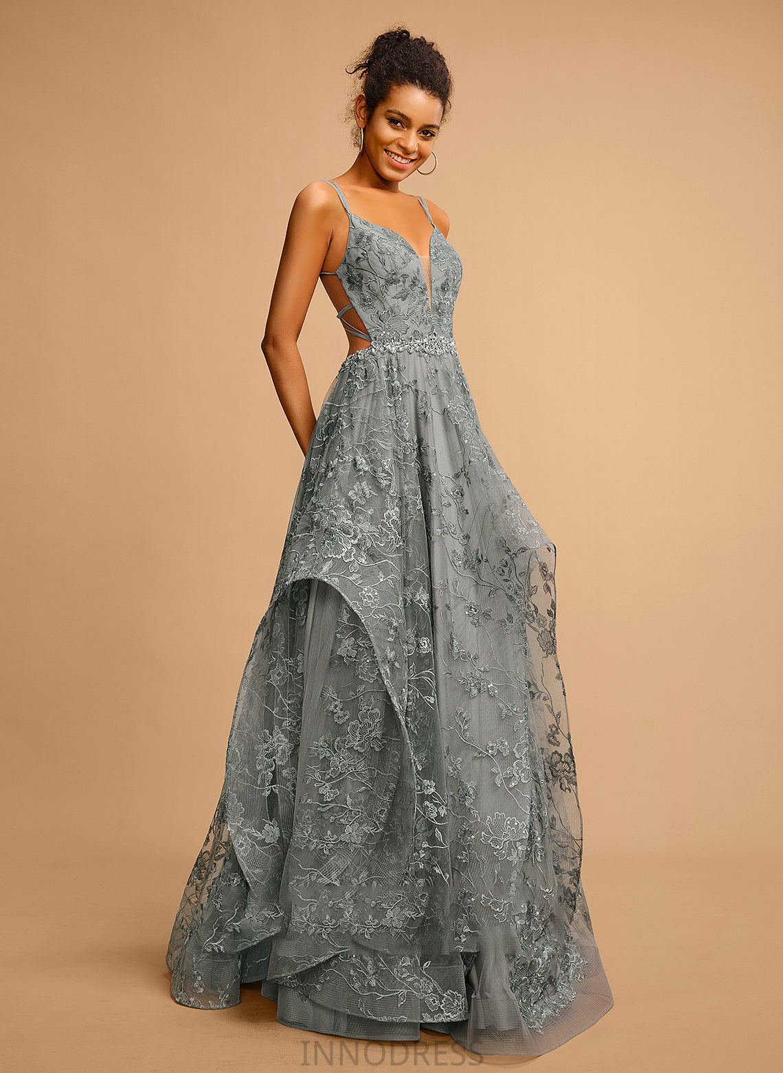 Sandy Ball-Gown/Princess Floor-Length V-neck Tulle Prom Dresses