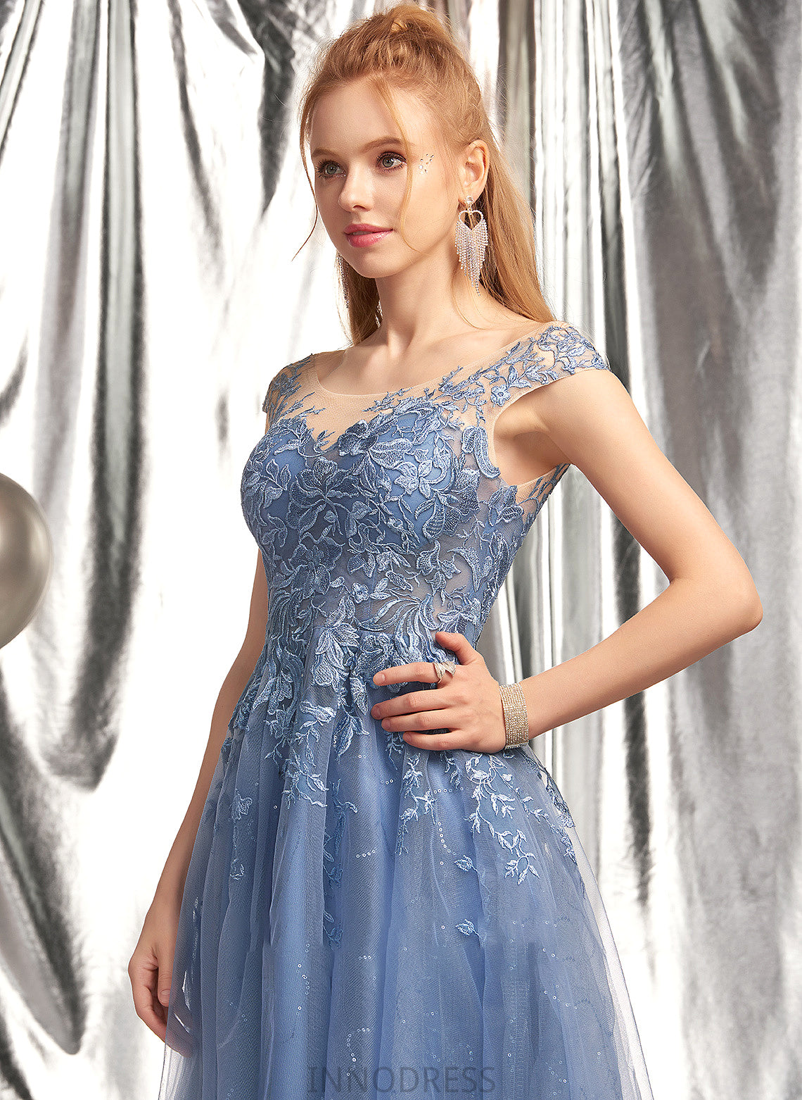 Neck A-Line Leslie With Asymmetrical Tulle Prom Dresses Scoop Sequins
