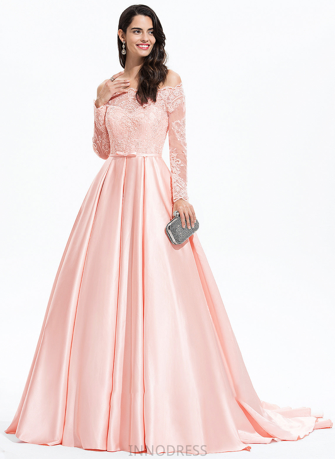 Ball-Gown/Princess Off-the-Shoulder With Prom Dresses Train Lindsay Sweep Bow(s) Satin