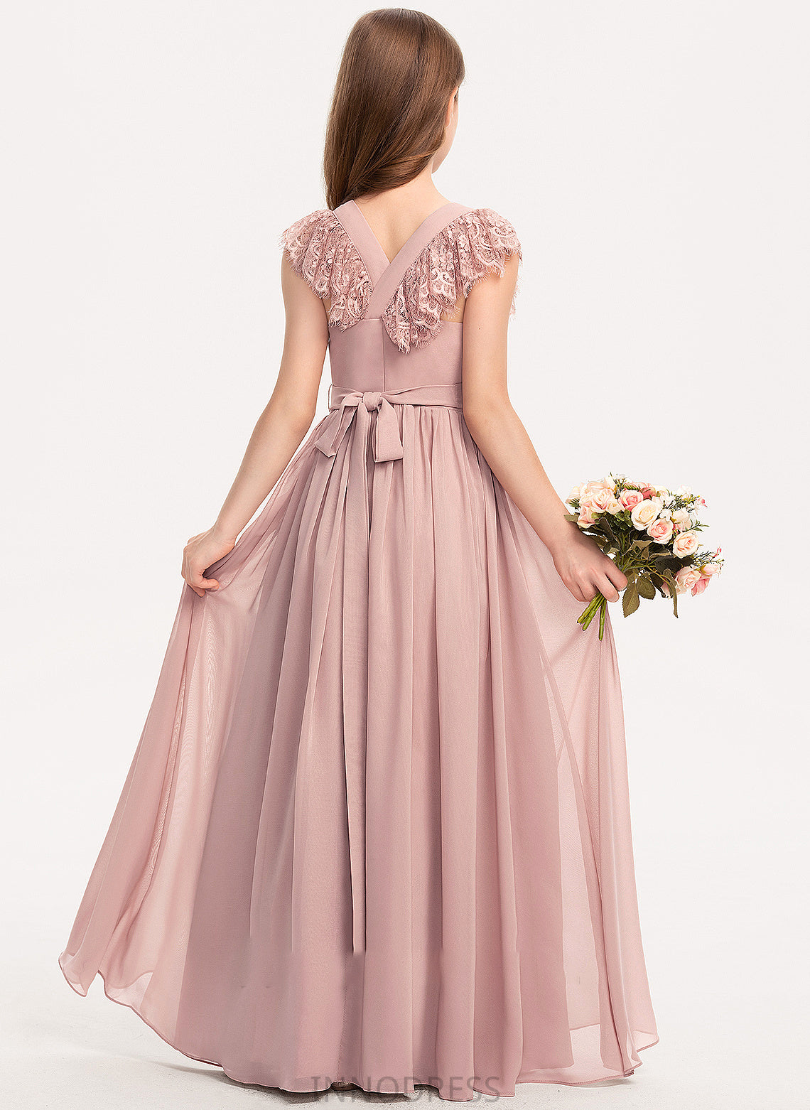 Scoop Junior Bridesmaid Dresses Bow(s) Chiffon A-Line Mareli With Lace Floor-Length Neck