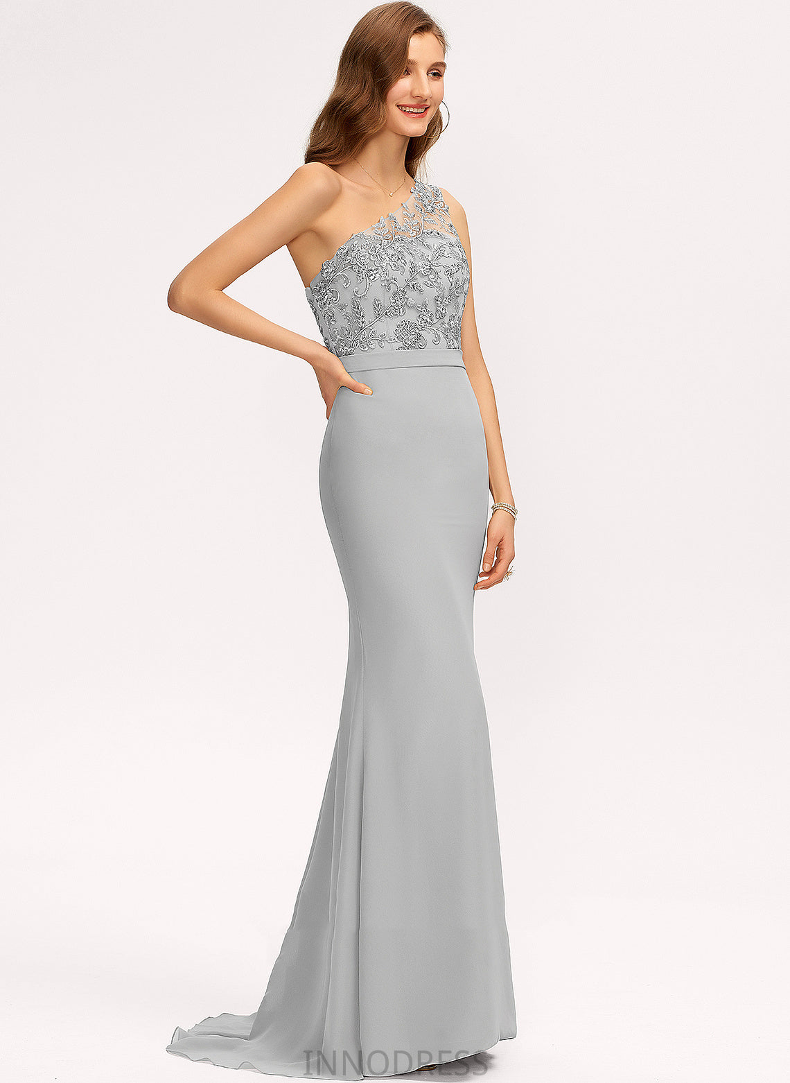 Length Trumpet/Mermaid Lace Straps Fabric One-Shoulder Silhouette SweepTrain Neckline Jane Sleeveless One Shoulder Bridesmaid Dresses