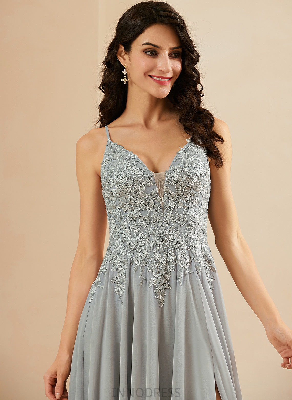 With Jaidyn Chiffon A-Line V-neck Sequins Lace Front Floor-Length Split Prom Dresses