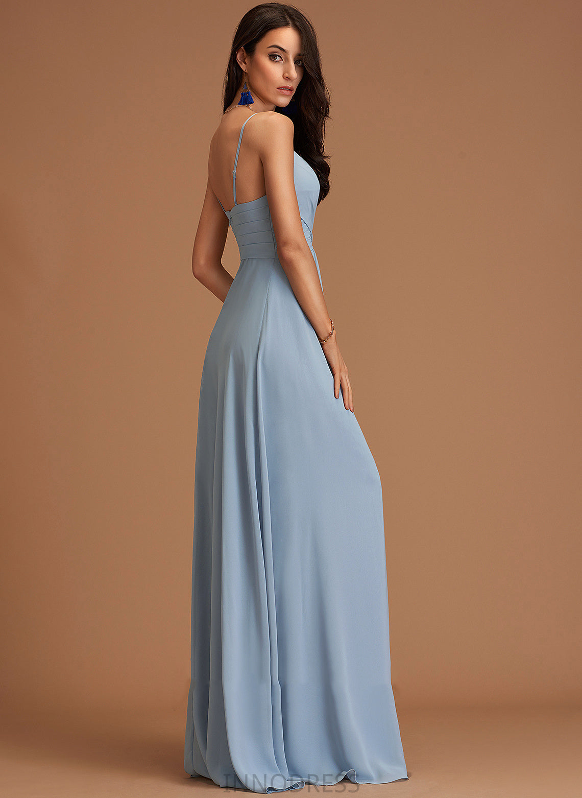 Embellishment Length A-Line Silhouette Ruffle V-neck Neckline Floor-Length Fabric Elsie Satin Trumpet/Mermaid Bridesmaid Dresses