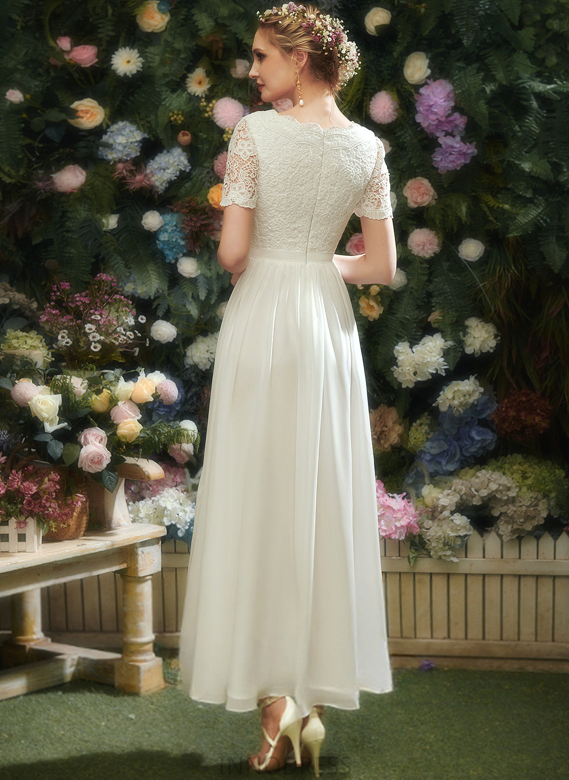 V-neck Lace A-Line Wedding Dresses Asymmetrical Chiffon Dress Karma Wedding