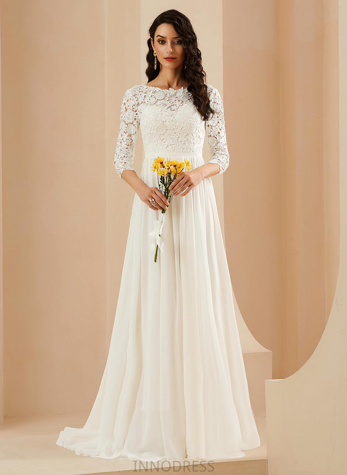 Chiffon Lace Wedding Dresses With Train Dress Neck Sweep Phoebe Scoop Wedding A-Line