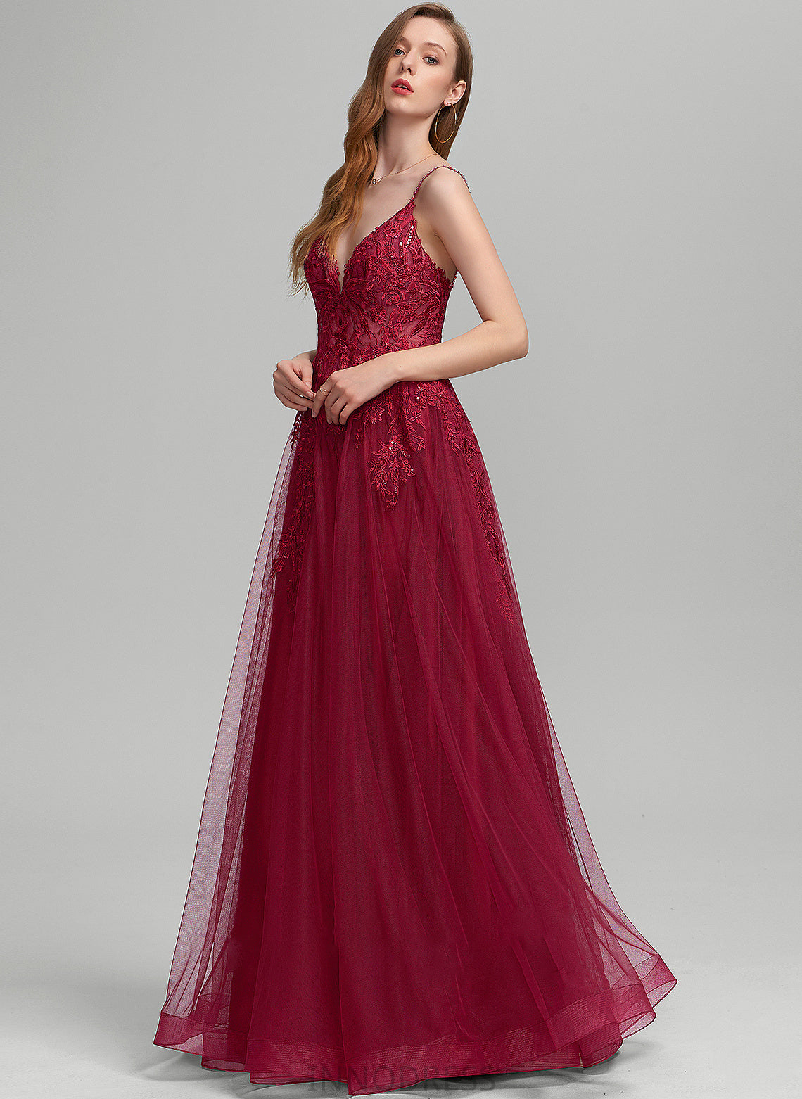 Sequins Floor-Length Leyla Beading Ball-Gown/Princess With V-neck Tulle Prom Dresses