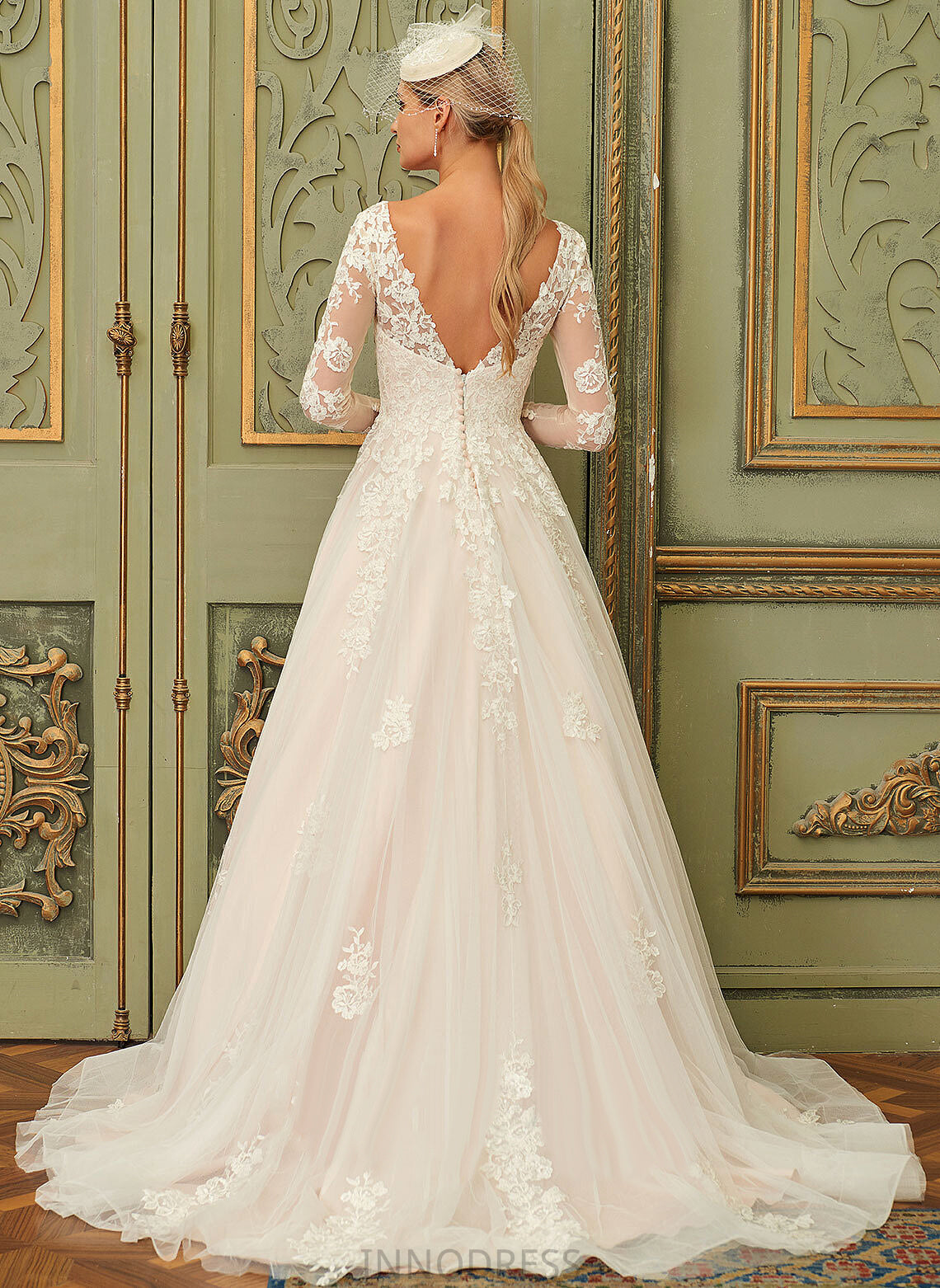 Maribel Court Dress Lace V-neck Wedding Wedding Dresses Tulle Ball-Gown/Princess Train