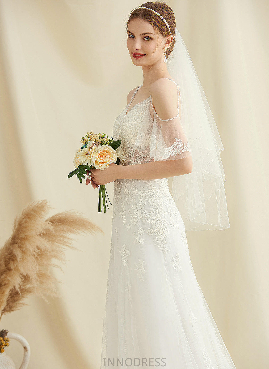 Beading Train Sweep Tulle Wedding Dresses With Lace Dress Cecelia Wedding A-Line