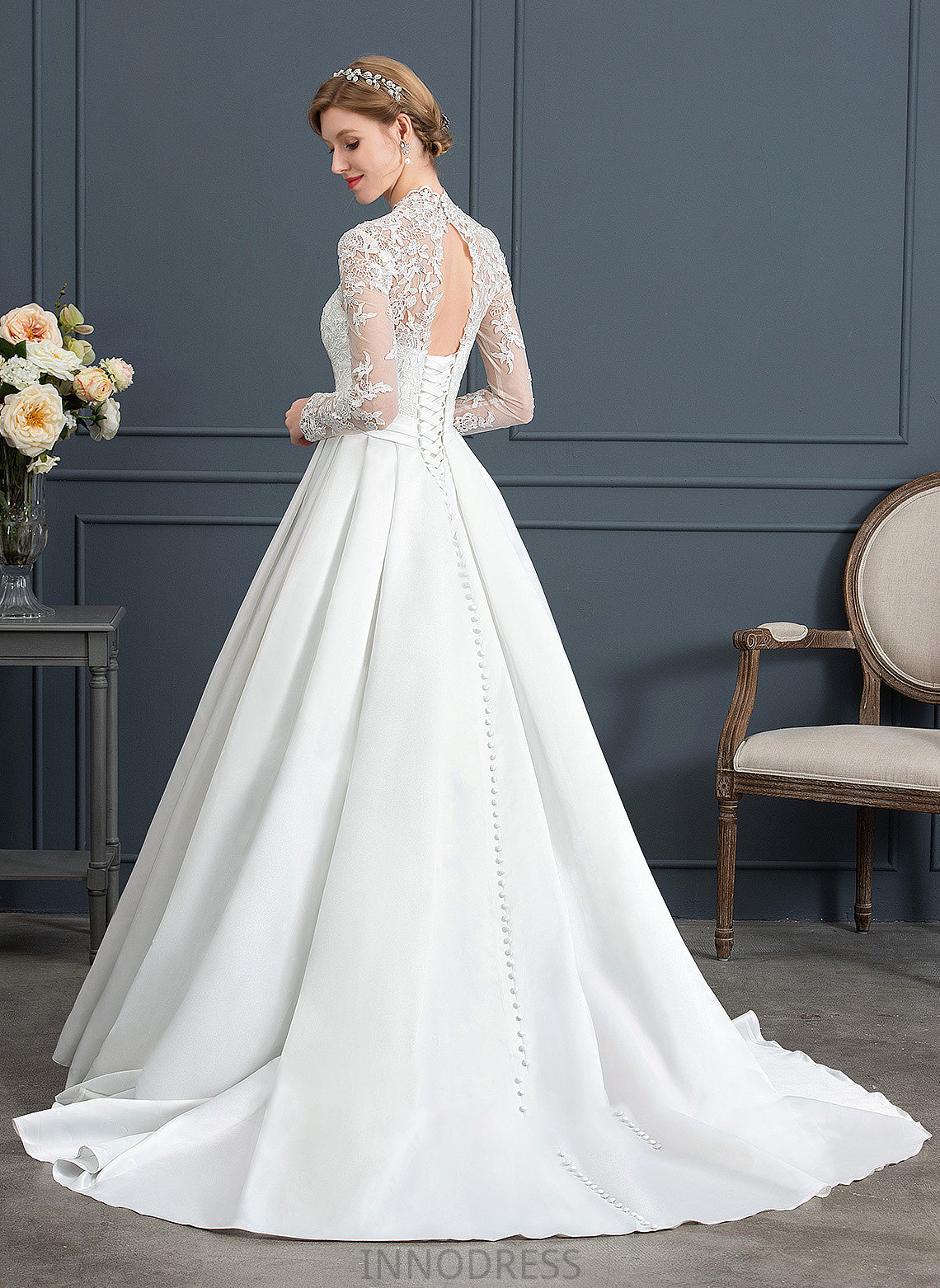 Wedding Ball-Gown/Princess Dress Satin V-neck Court Bow(s) Train With Bria Wedding Dresses