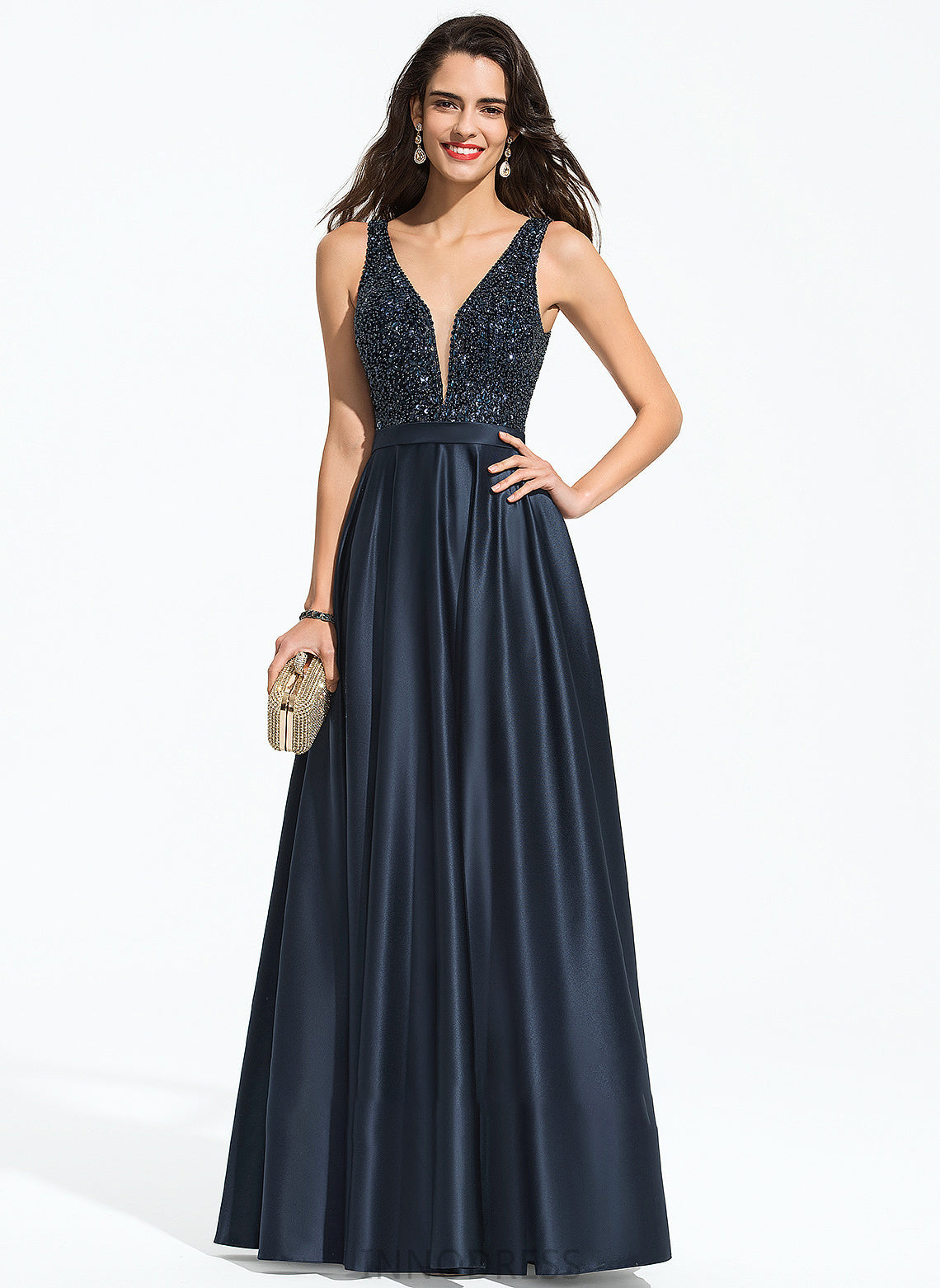 Prom Dresses Belinda Satin Sequins Floor-Length With A-Line Beading V-neck