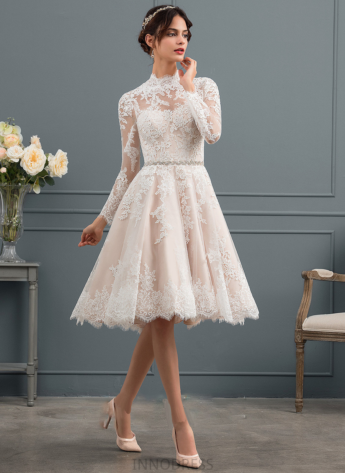 Knee-Length Illusion Wedding Dress Lace Sandra Wedding Dresses A-Line