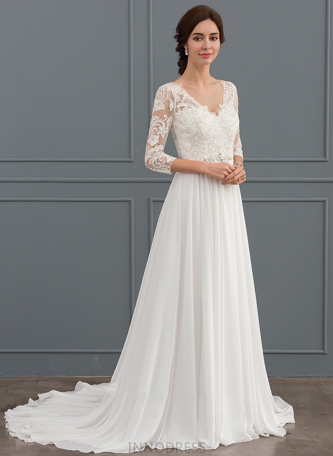 Sequins Logan Sweep With Beading Lace Chiffon Train Wedding A-Line Dress V-neck Wedding Dresses