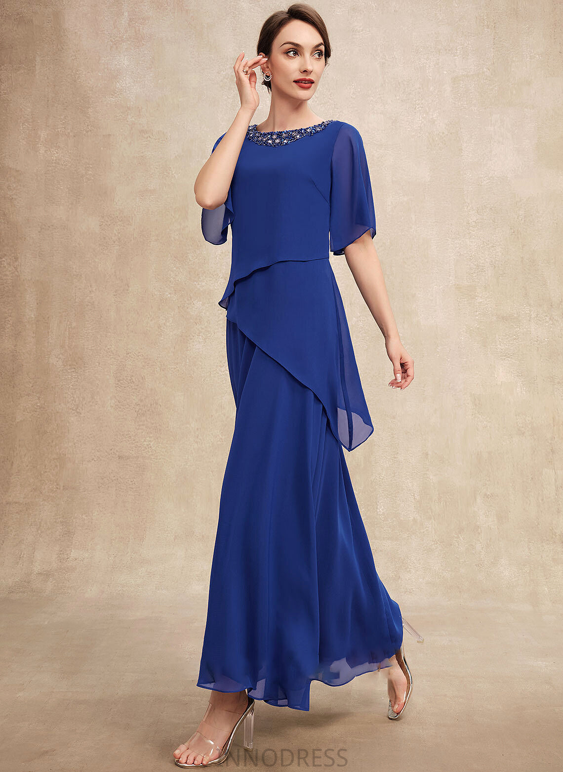 the Bride Mother of the Bride Dresses A-Line Mother Ankle-Length Chiffon Scoop Beading of Dress With Sierra Neck