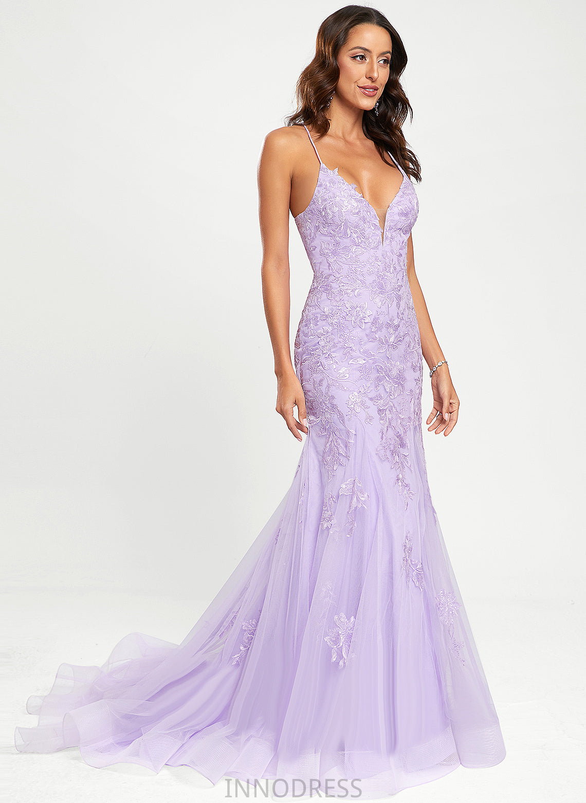 With Train Sweep Prom Dresses Lace V-neck Trumpet/Mermaid Jaylynn Sequins Tulle