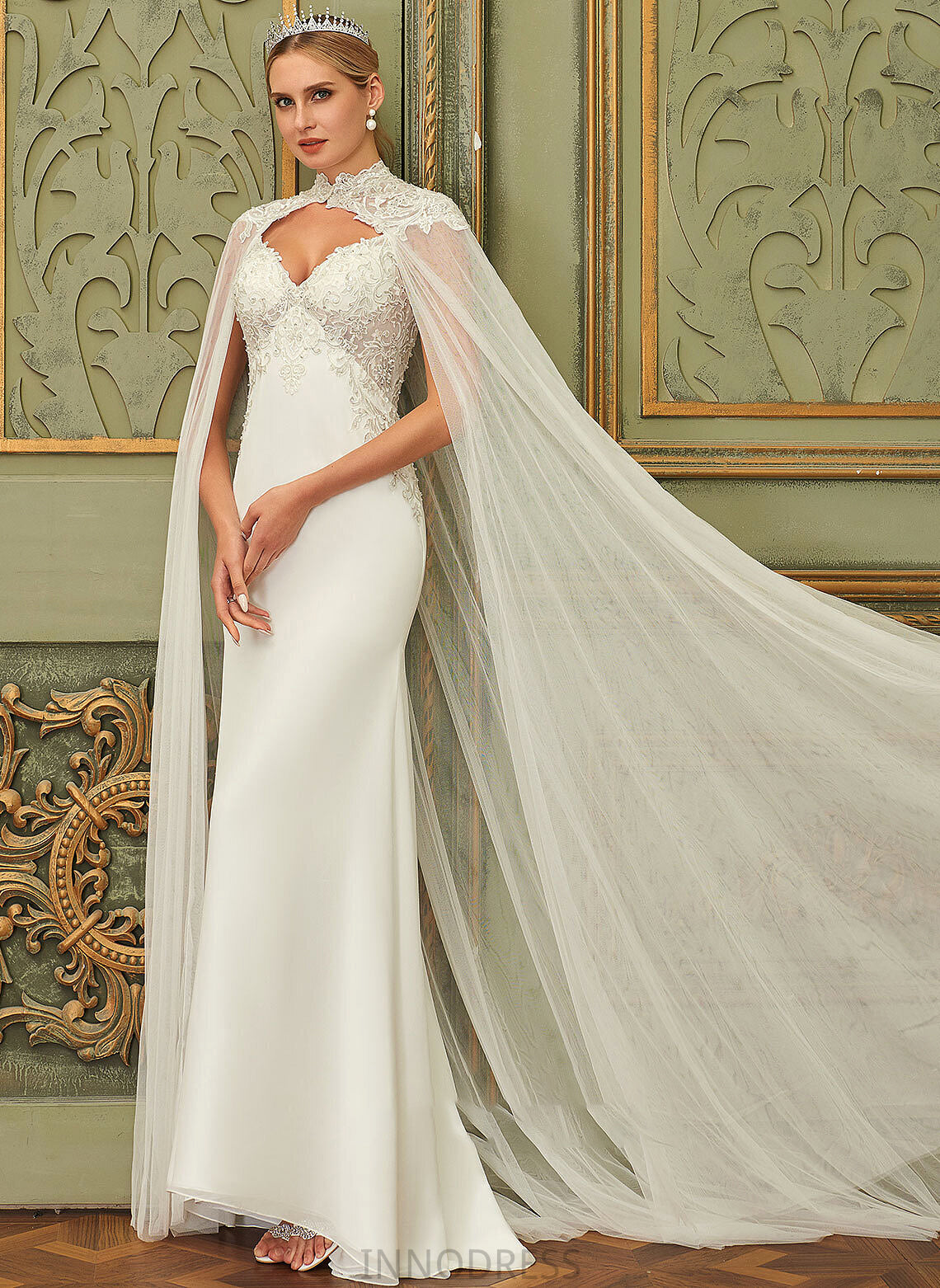 Sequins Dress Train Lace V-neck Chiffon Wedding Dresses Trumpet/Mermaid Wedding Sweep Josephine With