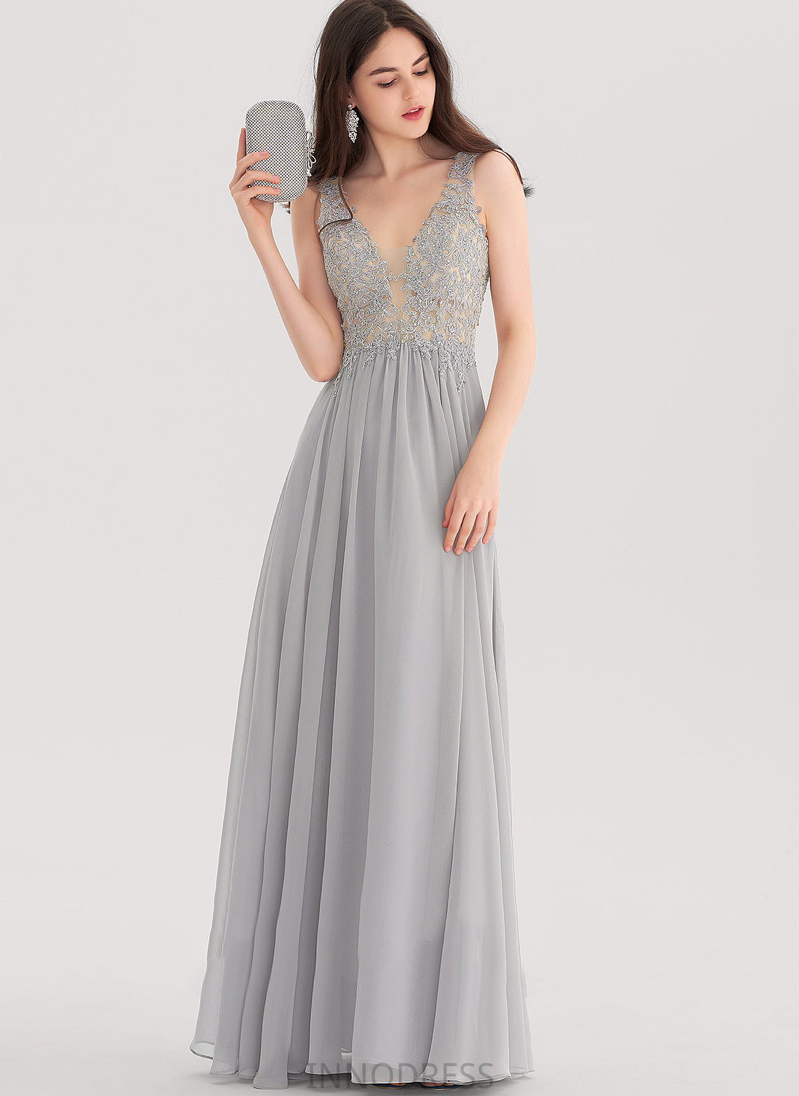 Prom Dresses Lace Dulce With Chiffon A-Line Rhinestone Floor-Length V-neck