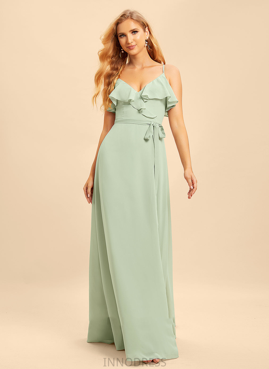 Fabric Ruffle V-neck Silhouette SplitFront Embellishment A-Line Floor-Length Length Neckline Emma Floor Length Bridesmaid Dresses