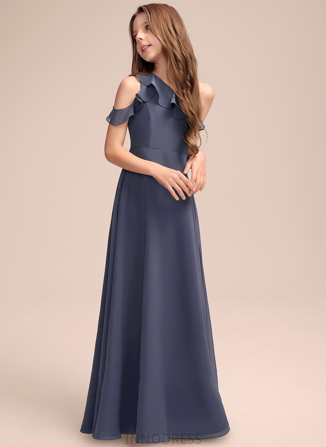 One-Shoulder Chiffon Floor-Length Mayra Ruffles With Cascading A-Line Junior Bridesmaid Dresses