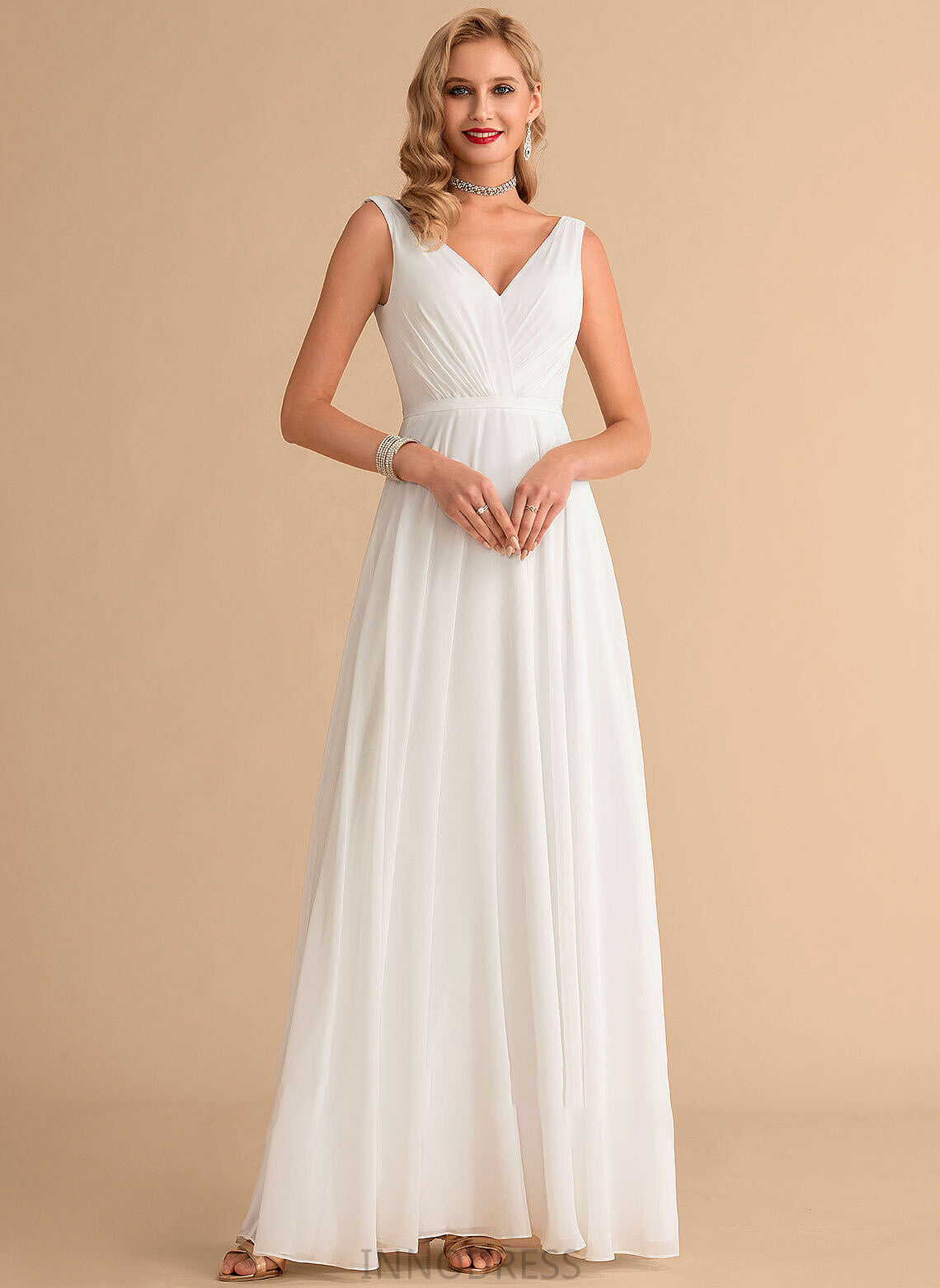 With A-Line Chiffon Ruffle Floor-Length Wedding V-neck Wedding Dresses Adalynn Dress
