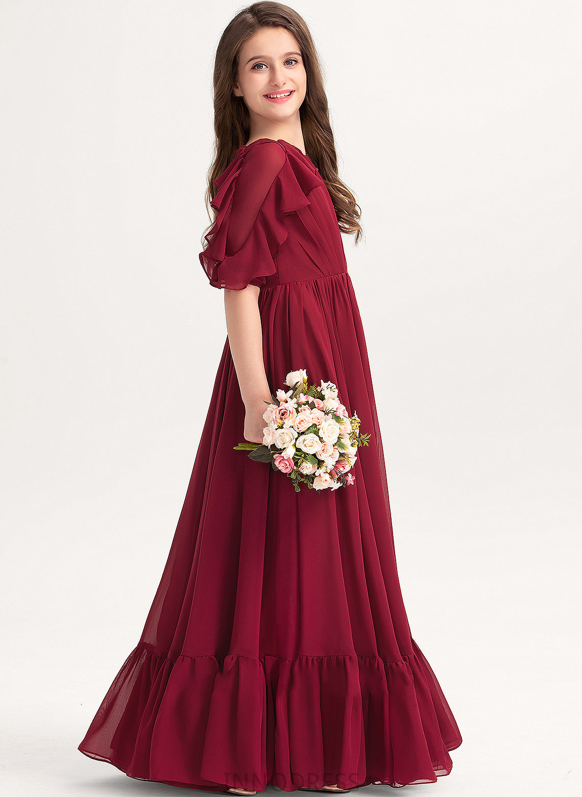 Floor-Length Neck With A-Line Junior Bridesmaid Dresses Cascading Autumn Chiffon Ruffles Scoop