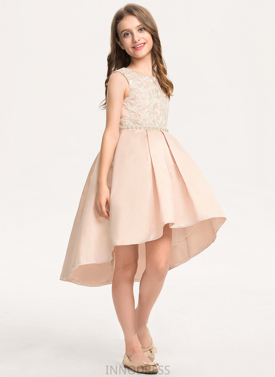 Neck Asymmetrical A-Line Satin Pockets With Stacy Junior Bridesmaid Dresses Scoop Lace Beading