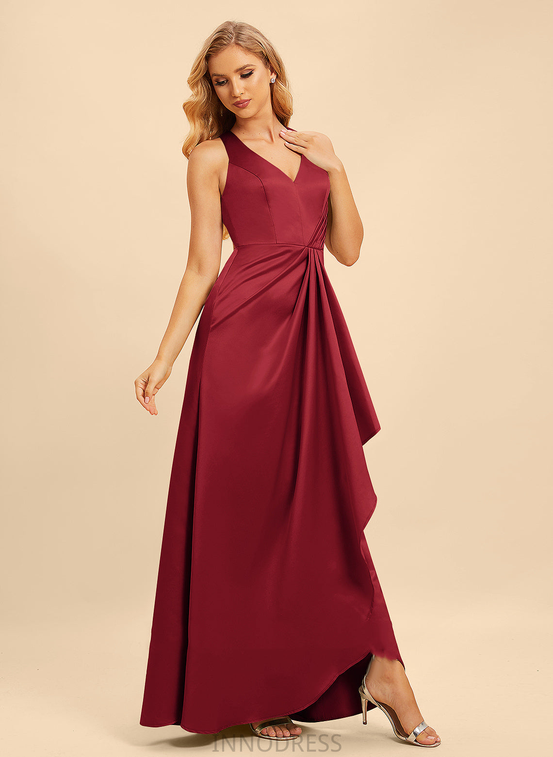 SplitFront Neckline Floor-Length Ruffle Length Embellishment Fabric V-neck A-Line Silhouette Yadira Halter Bridesmaid Dresses